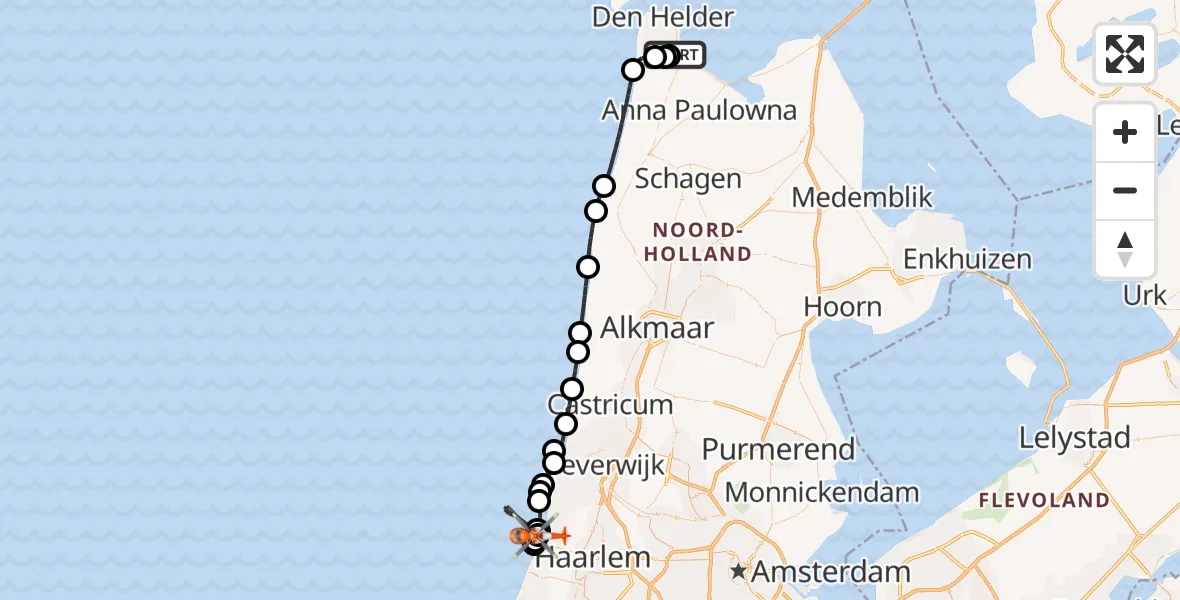 Vluchtroute Kustwachthelikopter Militair vliegveld De Kooy / Den Helder Airport - Overveen, 06 augustus 2026, 17:06
