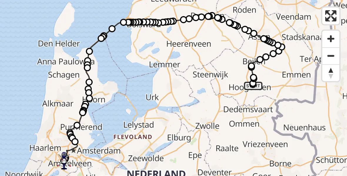 Vluchtroute Politiehelikopter Vliegveld Hoogeveen - Amsterdam Vliegveld Schiphol, 06 augustus 2026, 17:28