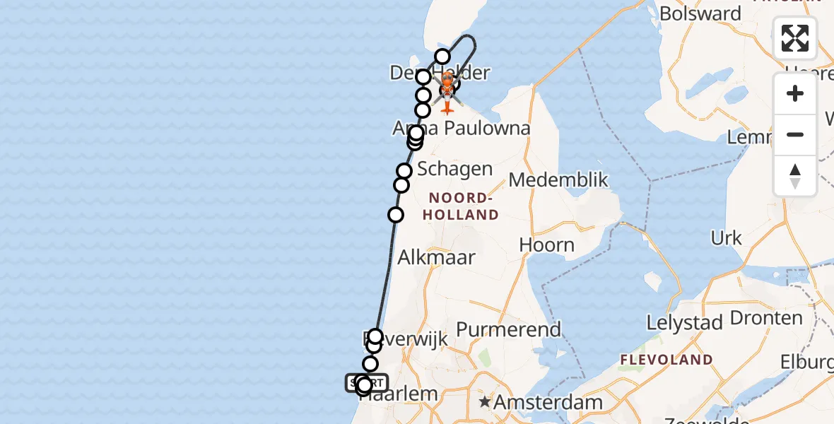Vluchtroute Kustwachthelikopter Overveen - Militair vliegveld De Kooy / Den Helder Airport, 06 augustus 2026, 18:10