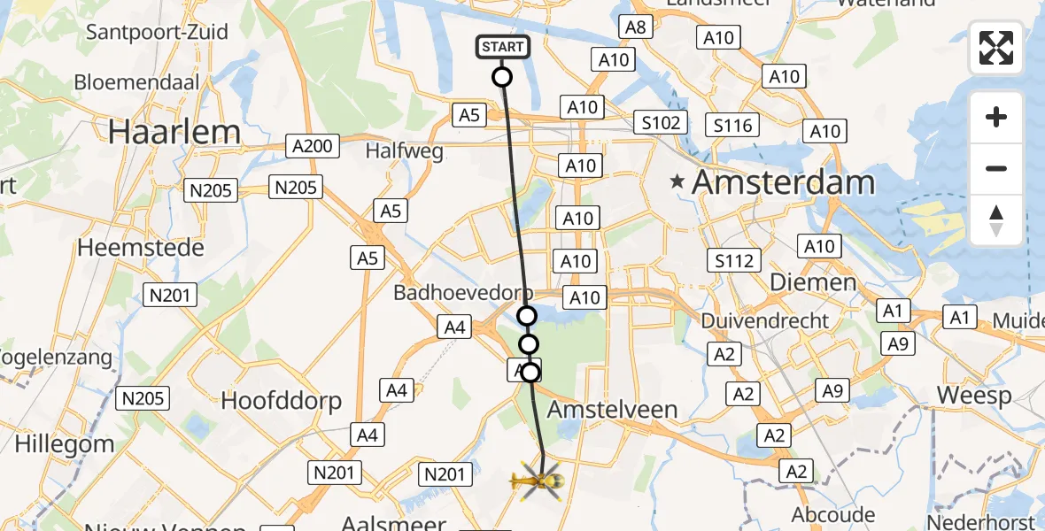 Vluchtroute Traumahelikopter Amsterdam Heliport - Amstelveen, 06 augustus 2026, 18:44
