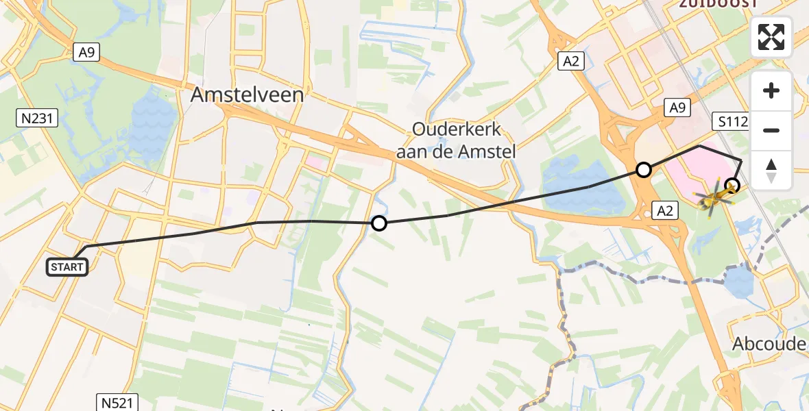 Vluchtroute Traumahelikopter Amstelveen - Amsterdam UMC Helipad, 06 augustus 2026, 19:16
