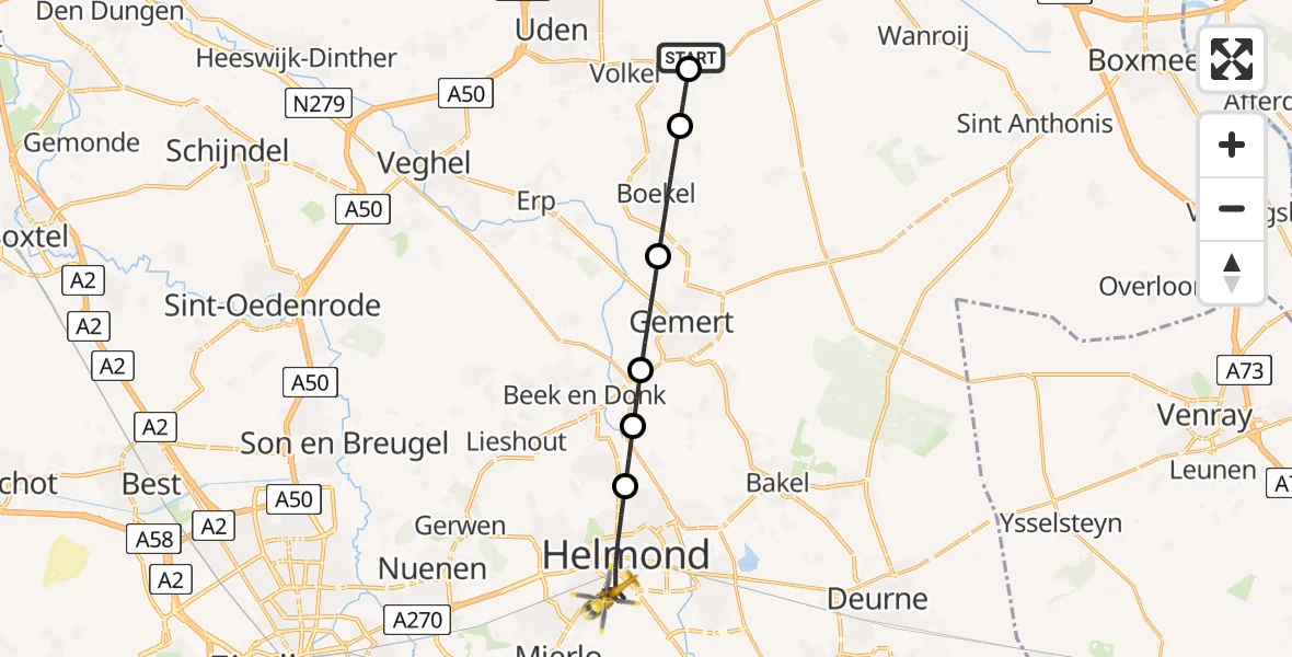 Vluchtroute Traumahelikopter Vliegbasis Volkel - Helmond, 06 augustus 2026, 21:09