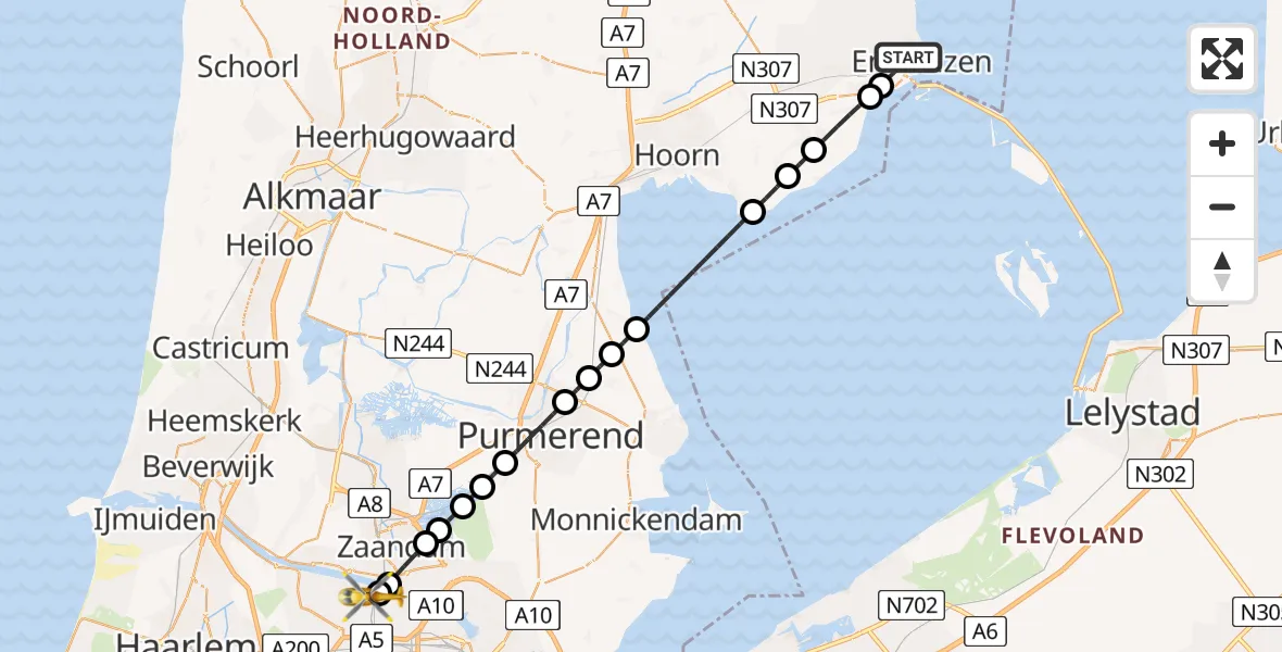 Vluchtroute Traumahelikopter Enkhuizen - Amsterdam Heliport, 06 augustus 2026, 21:18