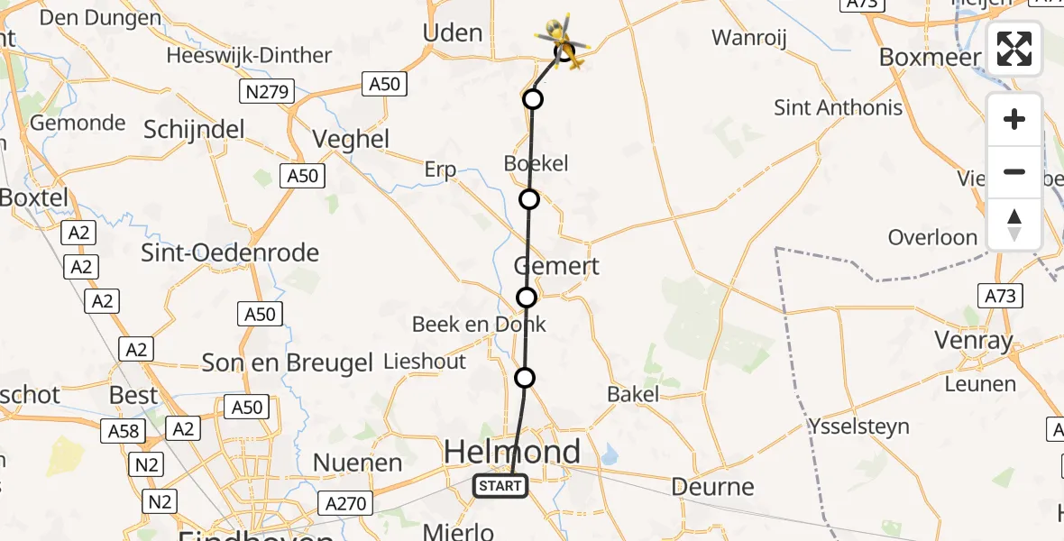 Vluchtroute Traumahelikopter Helmond - Vliegbasis Volkel, 06 augustus 2026, 21:42