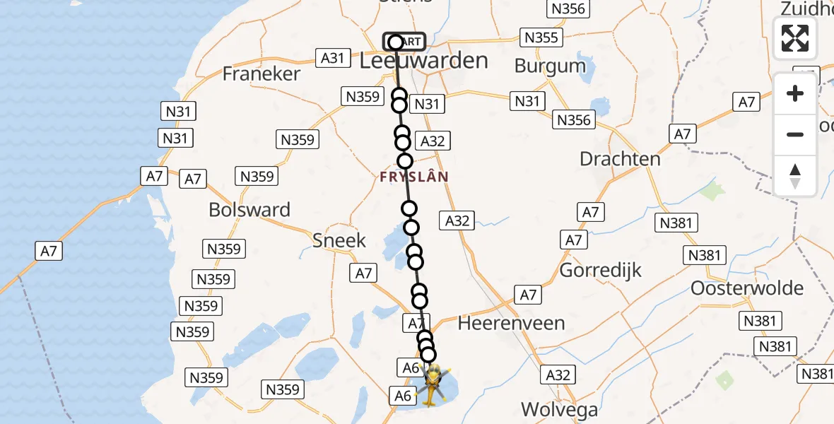 Vluchtroute Ambulancehelikopter Vliegbasis Leeuwarden - Tsjûkemar, 07 augustus 2026, 06:44