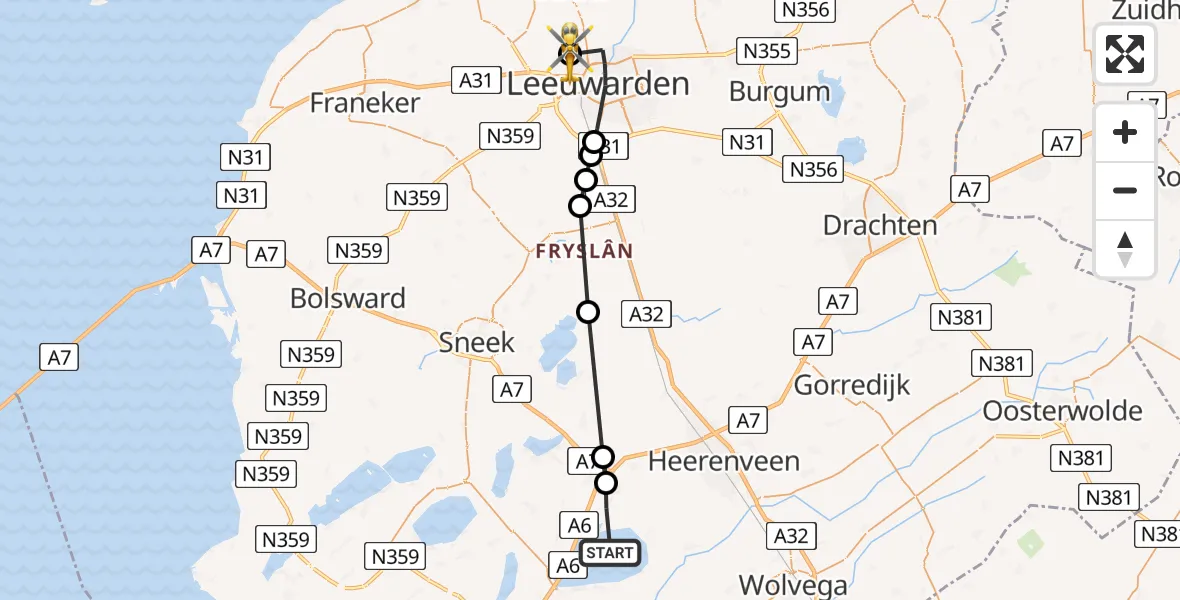 Vluchtroute Ambulancehelikopter Oldeouwer - Vliegbasis Leeuwarden, 07 augustus 2026, 07:20