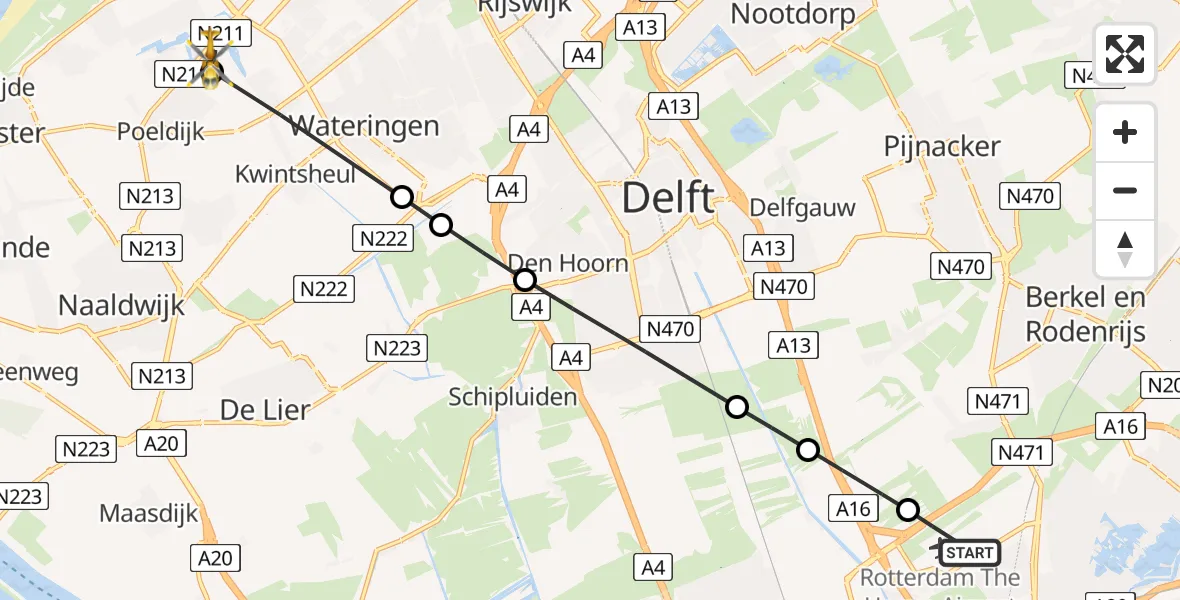 Vluchtroute Traumahelikopter Rotterdam The Hague Airport - Poeldijk, 07 augustus 2026, 07:56
