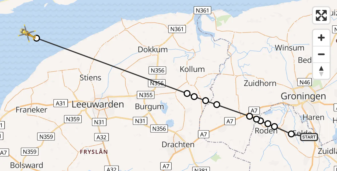 Vluchtroute Traumahelikopter Groningen Airport Eelde - Waddenzee, 07 augustus 2026, 09:08