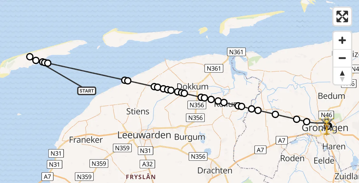 Vluchtroute Ambulancehelikopter Waddenzee - Universitair Medisch Centrum Groningen, 07 augustus 2026, 10:16