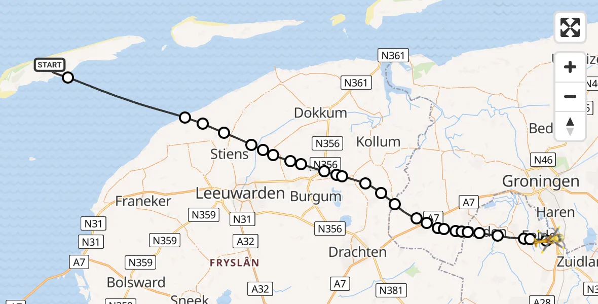 Vluchtroute Traumahelikopter Formerum - Groningen Airport Eelde, 07 augustus 2026, 10:21