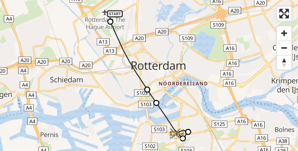 Vluchtroute Traumahelikopter Rotterdam The Hague Airport - Rotterdam, 07 augustus 2026, 10:45