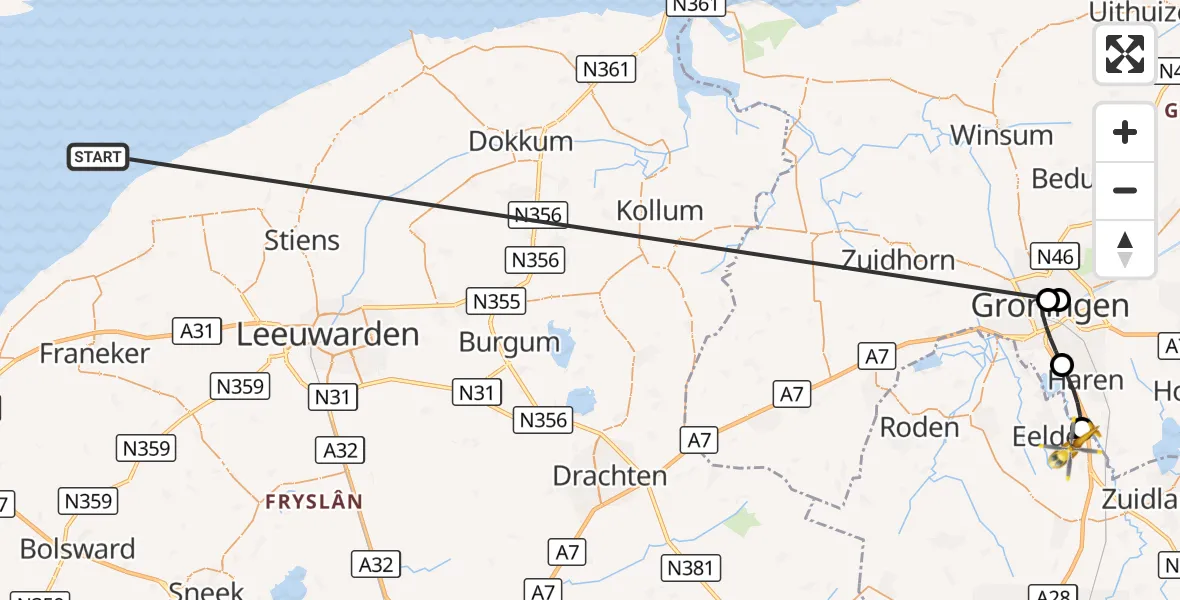 Vluchtroute Ambulancehelikopter Waddenzee - Eelde, 07 augustus 2026, 11:06