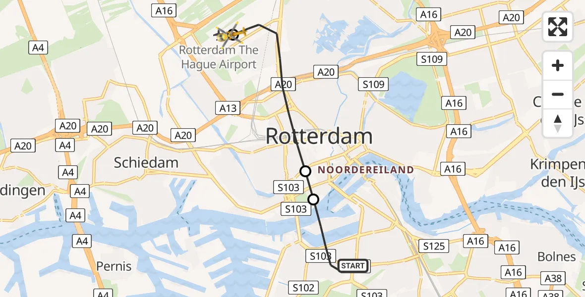 Vluchtroute Traumahelikopter Rotterdam - Rotterdam The Hague Airport, 07 augustus 2026, 11:07