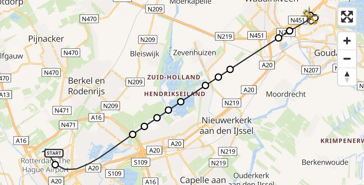 Vluchtroute Traumahelikopter Rotterdam The Hague Airport - Gouda, 07 augustus 2026, 11:44