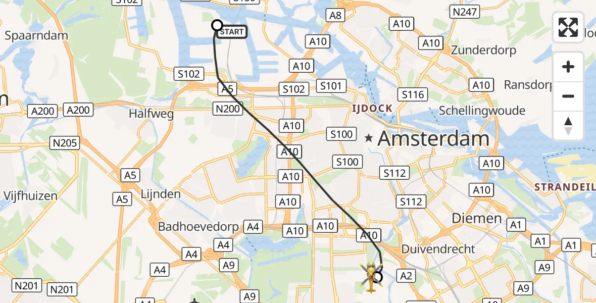 Vluchtroute Traumahelikopter Amsterdam Heliport - Amstelveen, 07 augustus 2026, 11:56