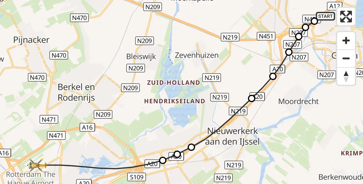 Vluchtroute Traumahelikopter Gouda - Rotterdam The Hague Airport, 07 augustus 2026, 12:32