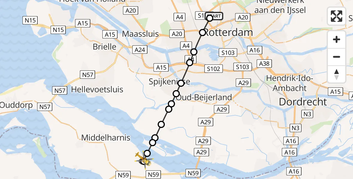Vluchtroute Traumahelikopter Rotterdam The Hague Airport - Den Bommel, 07 augustus 2026, 12:57
