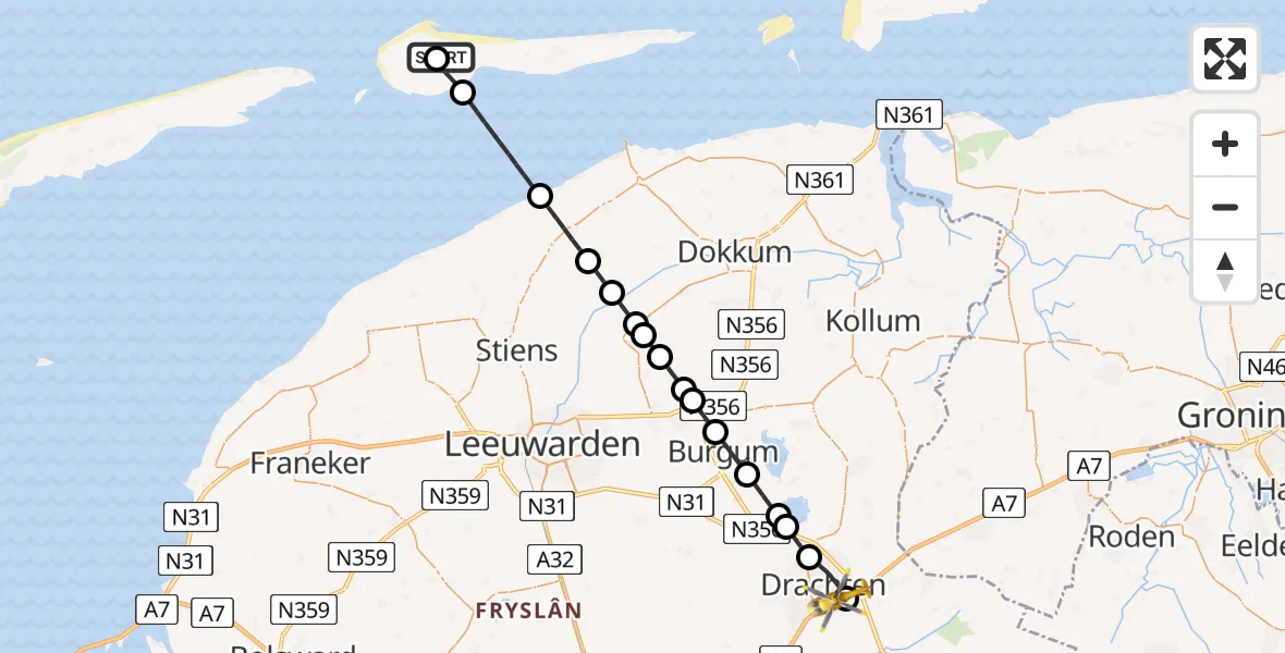 Vluchtroute Ambulancehelikopter Ameland Vliegveld Ballum - Nij Smellinghe Hospital Heliport, 07 augustus 2026, 13:08