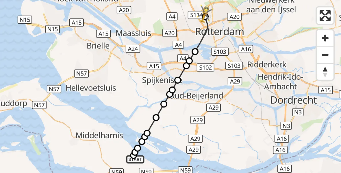 Vluchtroute Traumahelikopter Den Bommel - Rotterdam The Hague Airport, 07 augustus 2026, 13:39