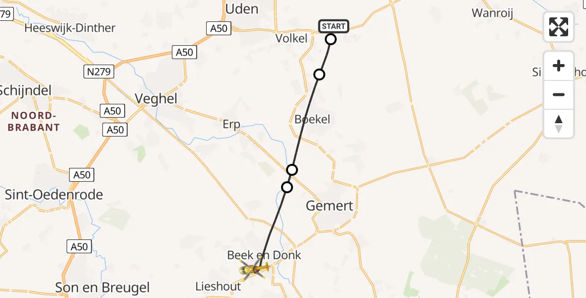 Vluchtroute Traumahelikopter Vliegbasis Volkel - Beek en Donk, 07 augustus 2026, 13:50