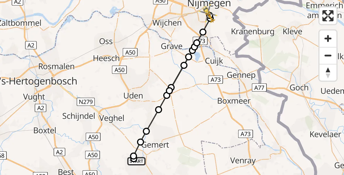Vluchtroute Traumahelikopter Beek en Donk - Radboud University Medical Center Heliport, 07 augustus 2026, 14:35