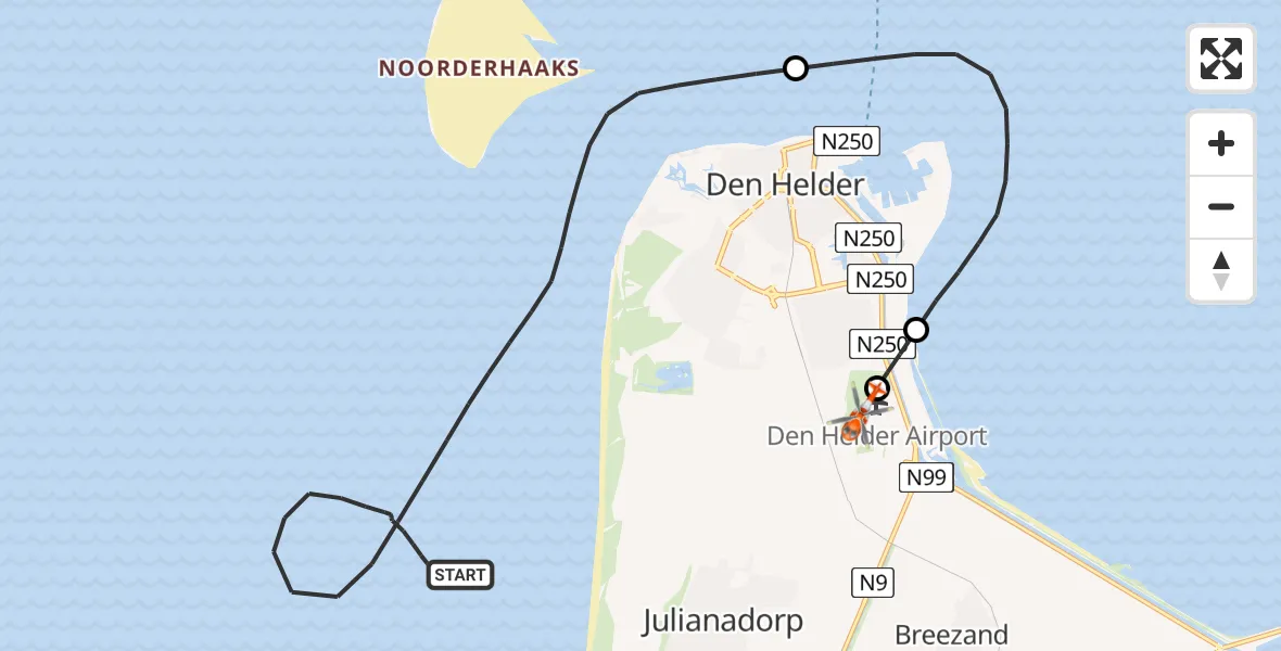 Vluchtroute Kustwachthelikopter Noordzee - Militair vliegveld De Kooy / Den Helder Airport, 07 augustus 2026, 14:53