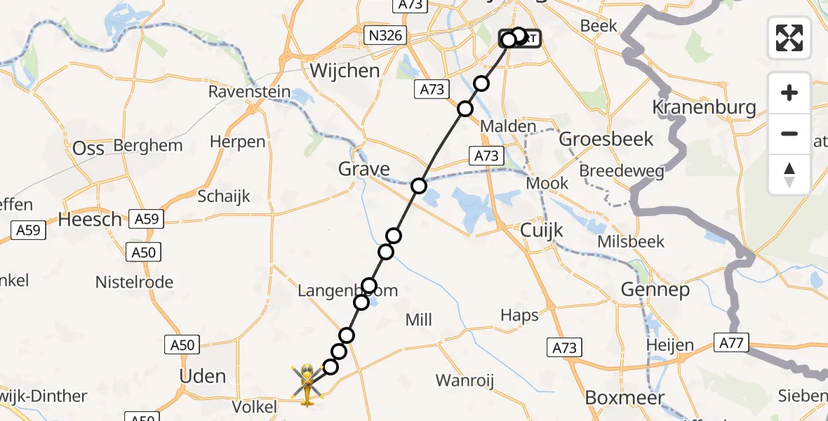 Vluchtroute Traumahelikopter Radboud Universitair Medisch Centrum - Vliegbasis Volkel, 07 augustus 2026, 15:31