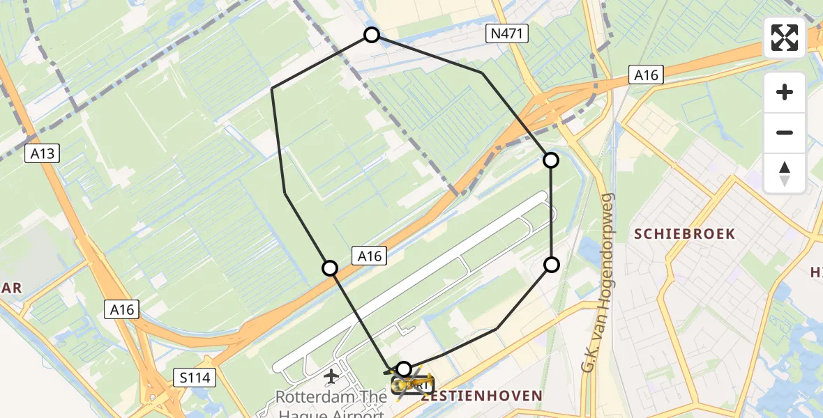 Vluchtroute Traumahelikopter Rotterdam The Hague Airport - Rotterdam The Hague Airport, 07 augustus 2026, 16:18