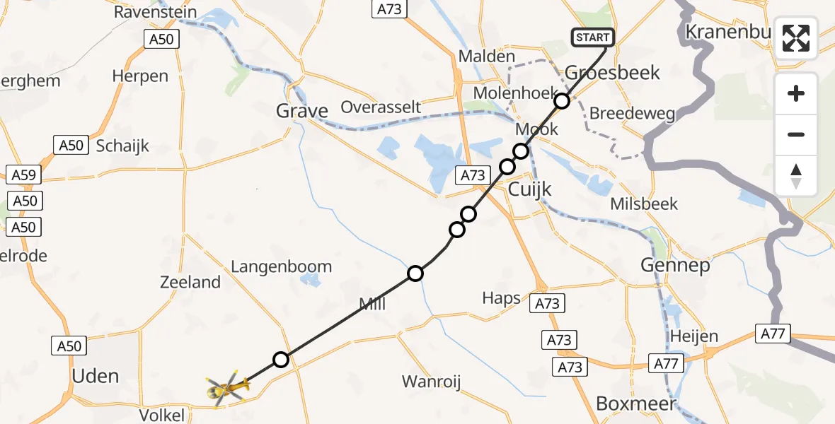 Vluchtroute Traumahelikopter Groesbeek - Vliegbasis Volkel, 07 augustus 2026, 17:25