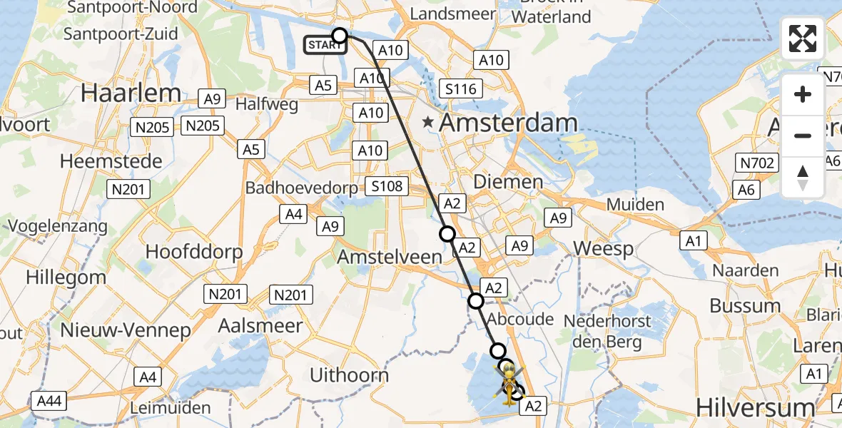 Vluchtroute Traumahelikopter Amsterdam Heliport - Vinkeveen, 07 augustus 2026, 18:25