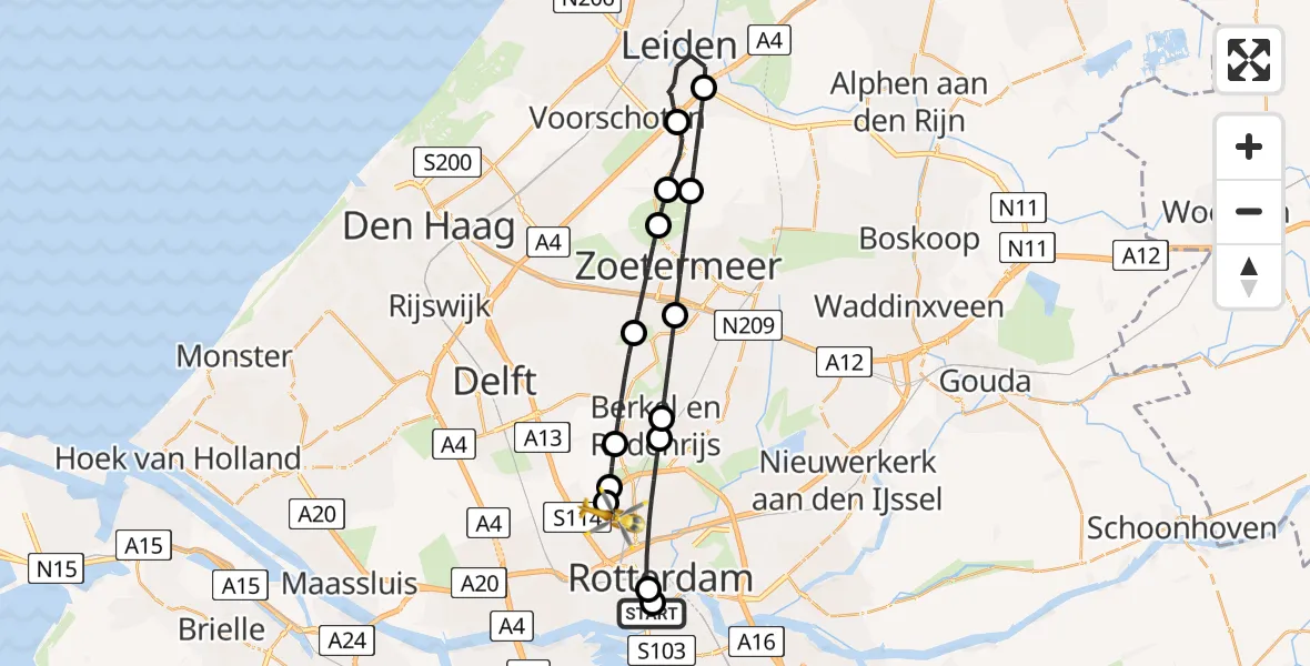 Vluchtroute Traumahelikopter Erasmus MC - Rotterdam The Hague Airport, 07 augustus 2026, 18:49