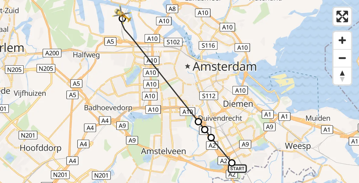 Vluchtroute Traumahelikopter Amsterdam UMC Helipad - Amsterdam Heliport, 07 augustus 2026, 19:25
