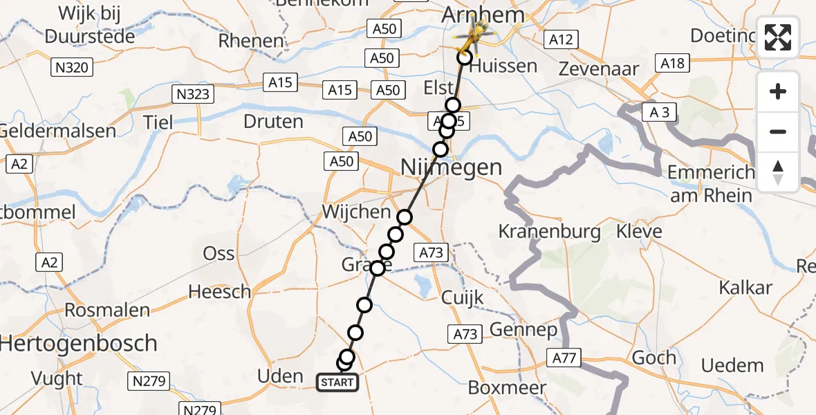 Vluchtroute Traumahelikopter Vliegbasis Volkel - Arnhem, 07 augustus 2026, 22:37