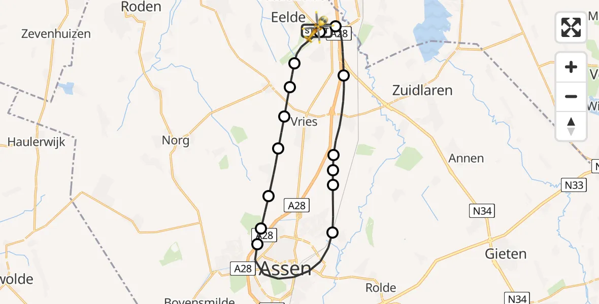 Vluchtroute Traumahelikopter Groningen Airport Eelde - Groningen Airport Eelde, 07 augustus 2026, 22:40