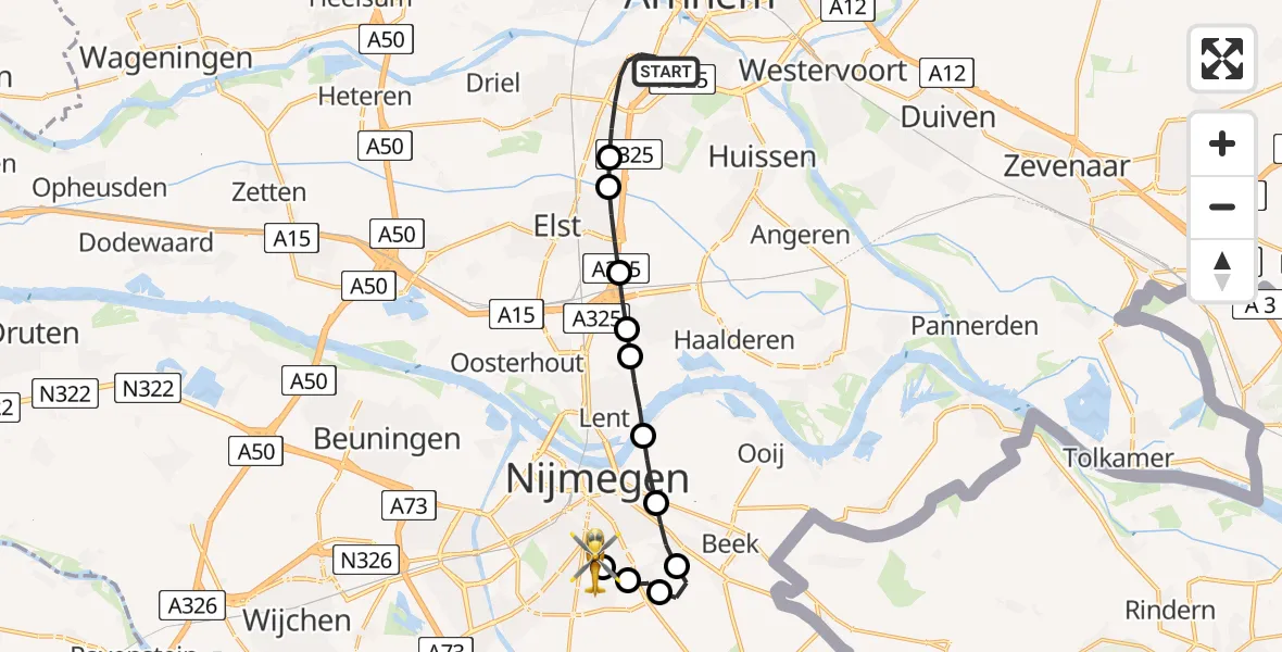 Vluchtroute Traumahelikopter Arnhem - Radboud University Medical Center Heliport, 07 augustus 2026, 23:04