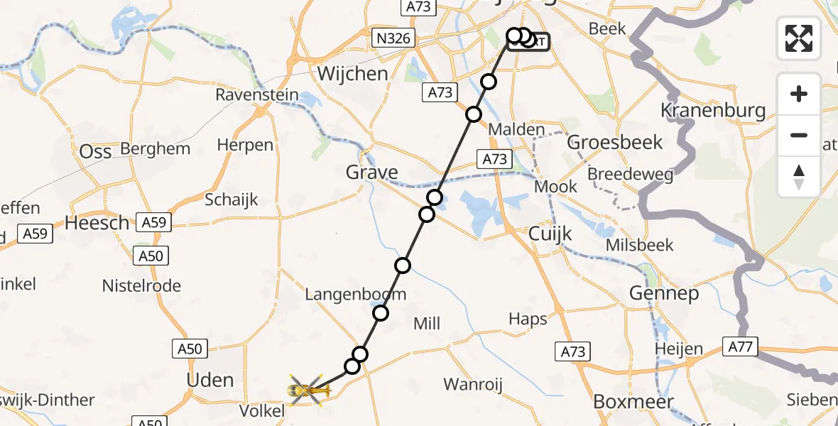 Vluchtroute Traumahelikopter Radboud Universitair Medisch Centrum - Vliegbasis Volkel, 07 augustus 2026, 23:25