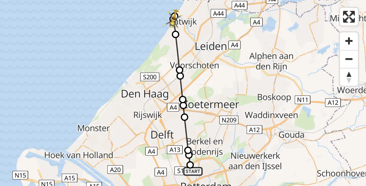 Vluchtroute Traumahelikopter Rotterdam The Hague Airport - Katwijk, 08 augustus 2026, 01:26