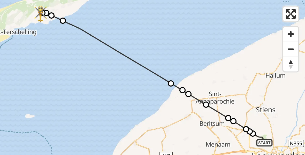 Vluchtroute Ambulancehelikopter Vliegbasis Leeuwarden - Terschelling Heliport, 08 augustus 2026, 02:29