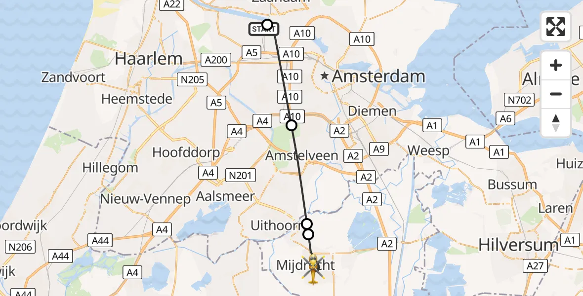 Vluchtroute Traumahelikopter Amsterdam Heliport - Mijdrecht, 08 augustus 2026, 03:11