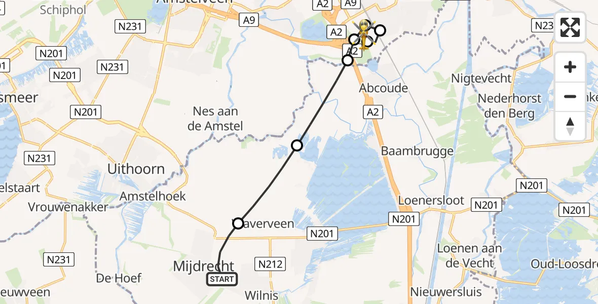 Vluchtroute Traumahelikopter Mijdrecht - Amsterdam UMC Helipad, 08 augustus 2026, 03:40