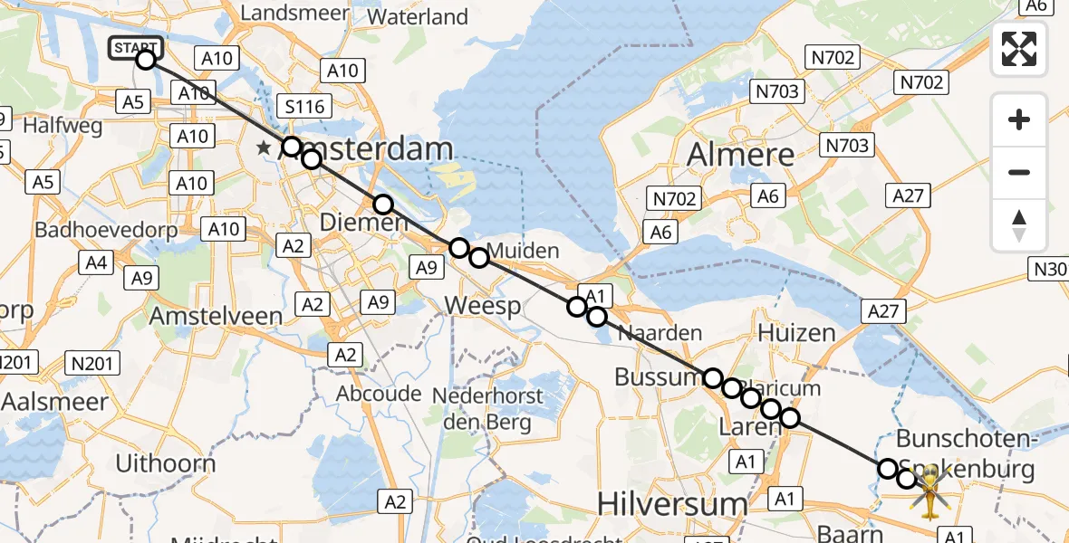 Vluchtroute Traumahelikopter Amsterdam Heliport - Bunschoten-Spakenburg, 08 augustus 2026, 05:12