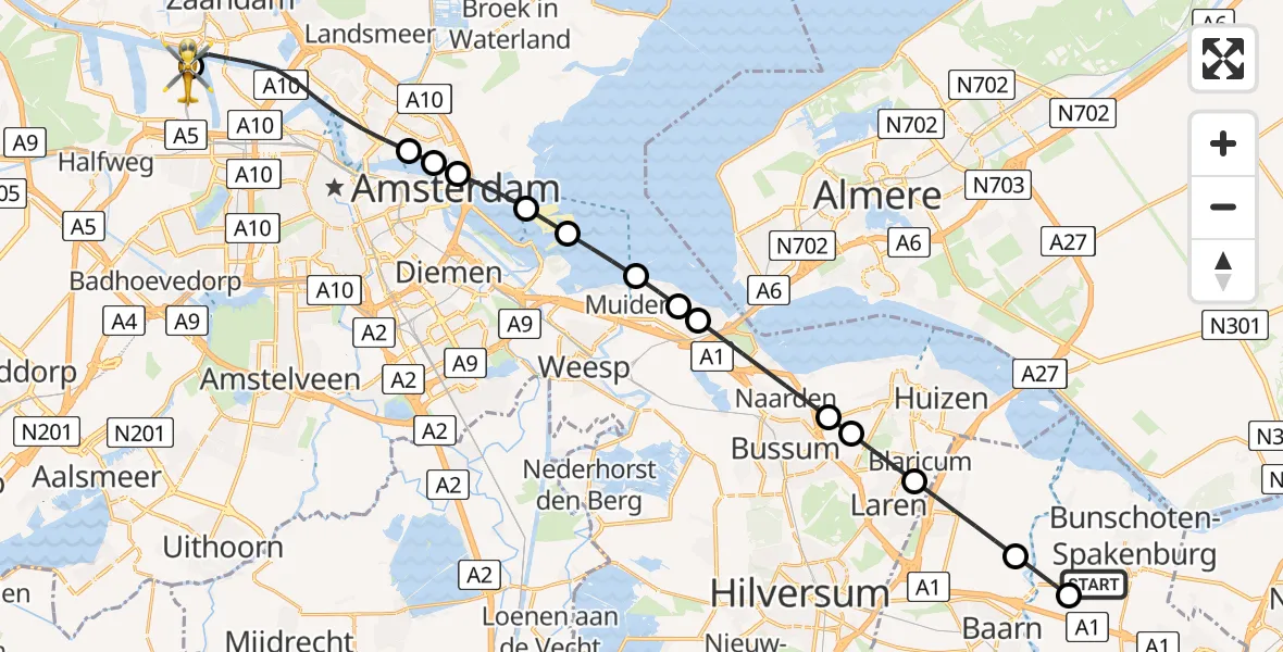 Vluchtroute Traumahelikopter Bunschoten-Spakenburg - Amsterdam Heliport, 08 augustus 2026, 05:36