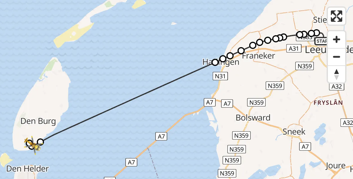 Vluchtroute Ambulancehelikopter Vliegbasis Leeuwarden - Den Hoorn, 08 augustus 2026, 07:42