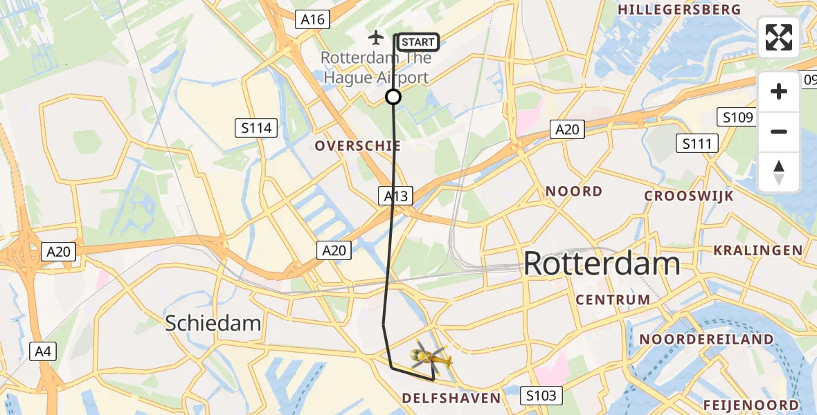 Vluchtroute Traumahelikopter Rotterdam The Hague Airport - Rotterdam, 08 augustus 2026, 07:59