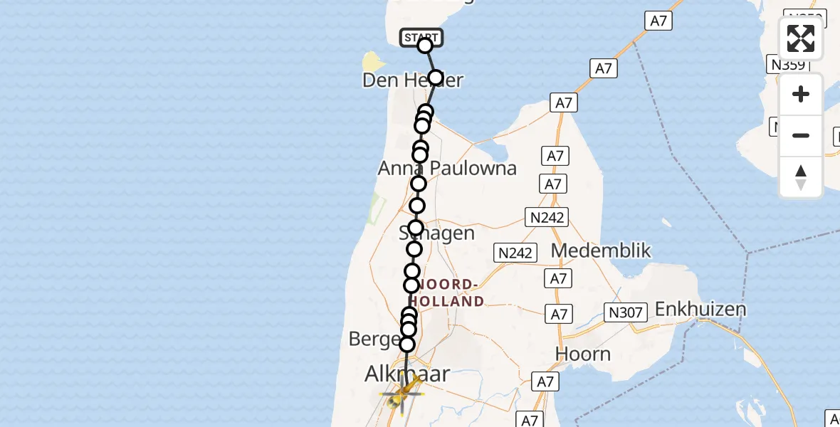 Vluchtroute Ambulancehelikopter Den Hoorn - Alkmaar, 08 augustus 2026, 08:23