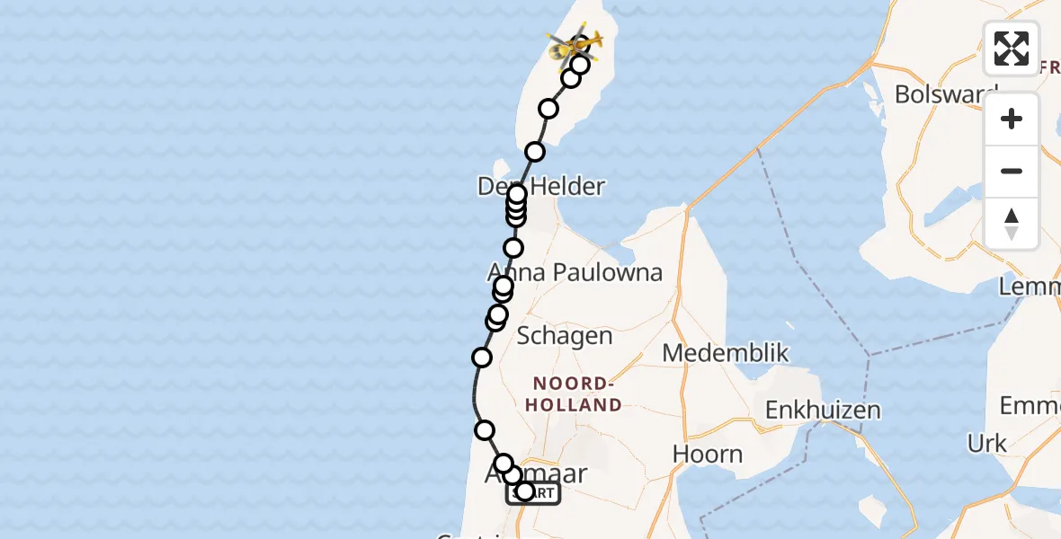 Vluchtroute Ambulancehelikopter Alkmaar - Texel International Airport, 08 augustus 2026, 08:56