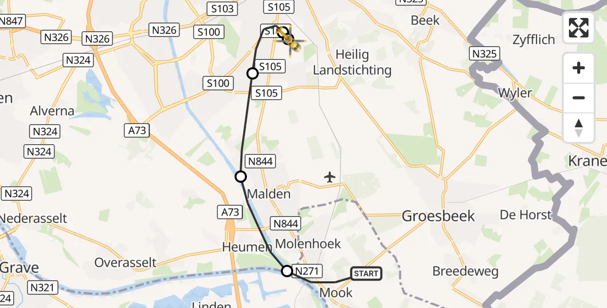 Vluchtroute Traumahelikopter Mook - Radboud University Medical Center Heliport, 08 augustus 2026, 09:10