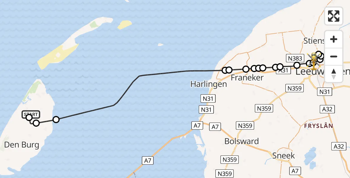 Vluchtroute Ambulancehelikopter Texel International Airport - Vliegbasis Leeuwarden, 08 augustus 2026, 09:17