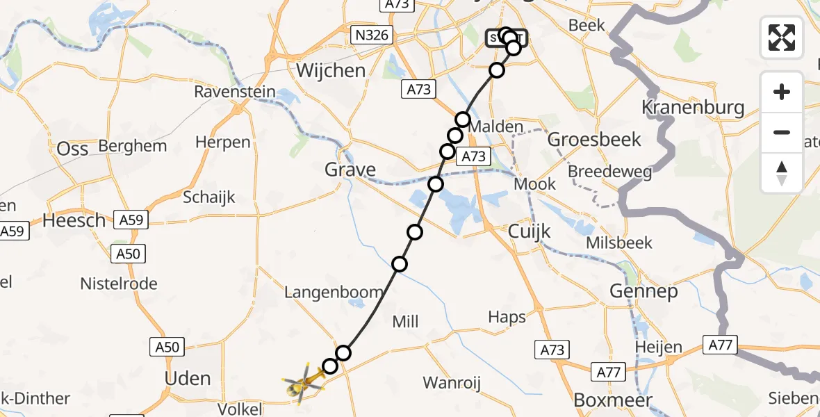 Vluchtroute Traumahelikopter Radboud Universitair Medisch Centrum - Vliegbasis Volkel, 08 augustus 2026, 09:40
