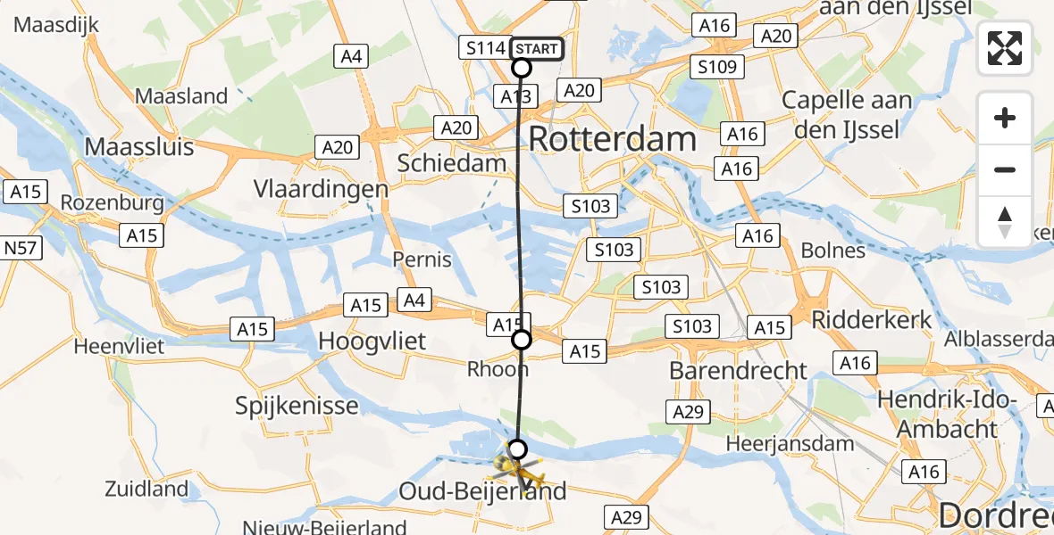 Vluchtroute Traumahelikopter Rotterdam The Hague Airport - Oud-Beijerland, 08 augustus 2026, 10:24